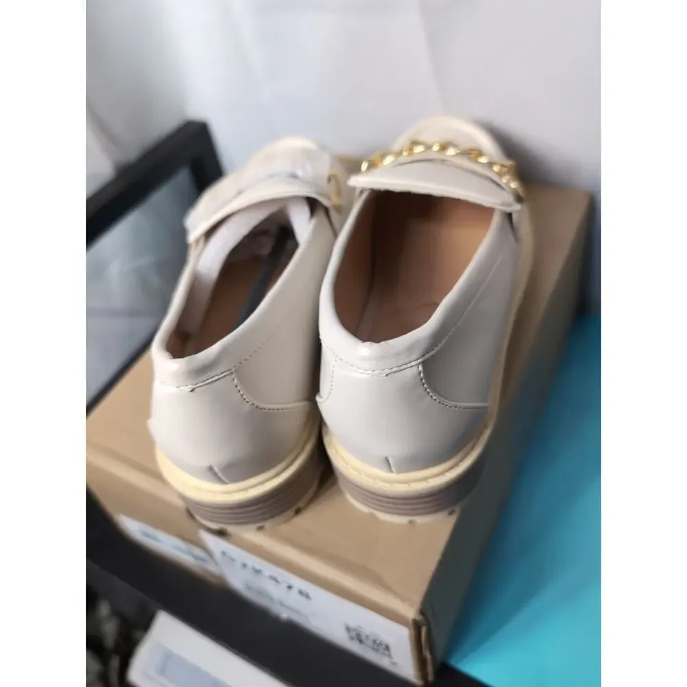 Coutgo Girls Platform Penny Loafers Chain Dress Shoes Beige Size 3